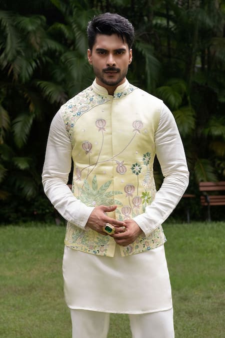 PAARSH_Mint Satin, Linen Embroidery, Sequins Airavat Bundi Set _Online_at_Aza_Fashions