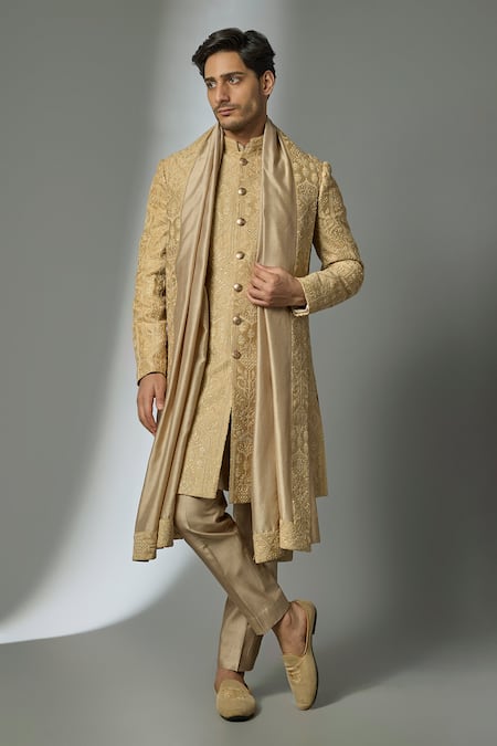 SALIL BHATIA Zari Embroidered Silk Chanderi Sherwani Set 