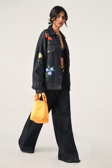 Payal Pratap_Blue Denim Applique Collared Tibetica Oversized Work Jacket _Online_at_Aza_Fashions