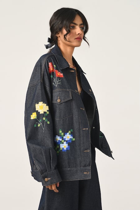 Shop_Payal Pratap_Blue Denim Applique Collared Tibetica Oversized Work Jacket _Online_at_Aza_Fashions