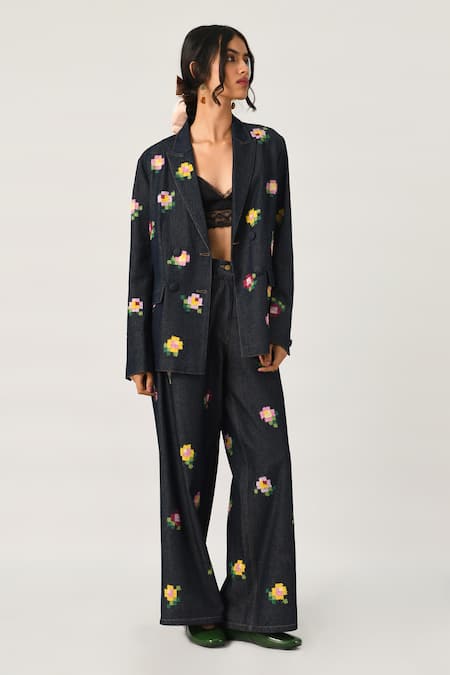 Payal Pratap_Blue Denim Embroidery Collared Eudicot Double Breasted Jacket _Online_at_Aza_Fashions