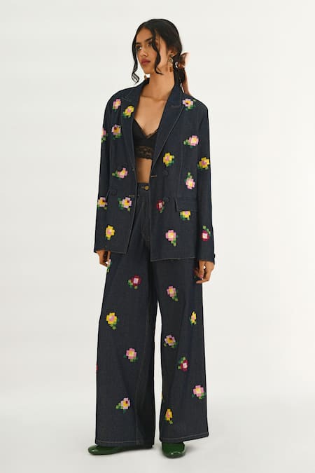 Buy_Payal Pratap_Blue Denim Embroidery Collared Eudicot Double Breasted Jacket _Online_at_Aza_Fashions