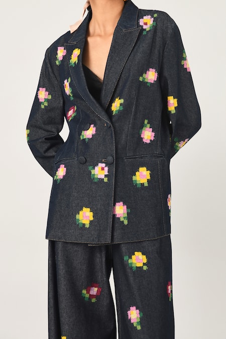 Shop_Payal Pratap_Blue Denim Embroidery Collared Eudicot Double Breasted Jacket _Online_at_Aza_Fashions