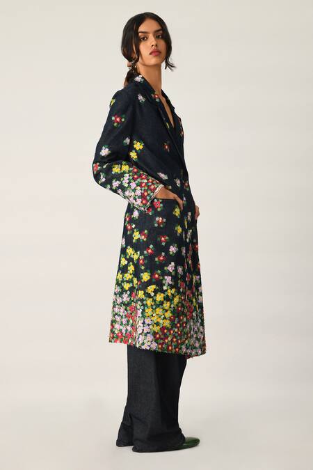 Payal Pratap_Blue Denim Embroidery Collared Derongensis Double Breasted Jacket _Online_at_Aza_Fashions