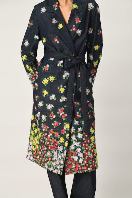 Buy_Payal Pratap_Blue Denim Embroidery Collared Derongensis Double Breasted Jacket _Online_at_Aza_Fashions