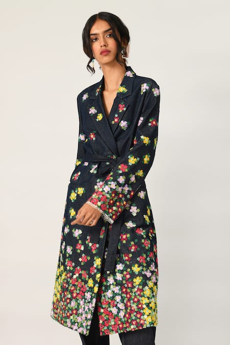 Shop_Payal Pratap_Blue Denim Embroidery Collared Derongensis Double Breasted Jacket _Online_at_Aza_Fashions