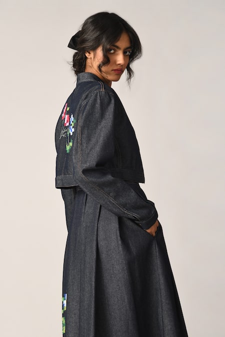 Payal Pratap_Blue Denim Embroidery Mandarin Collar Noisette Cropped Jacket _Online_at_Aza_Fashions