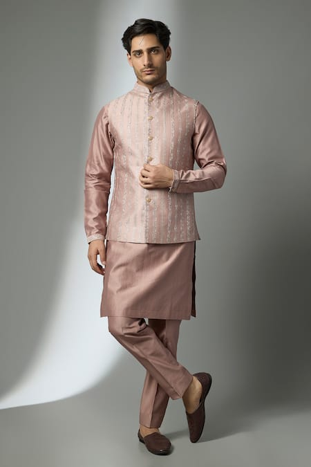 SALIL BHATIA Embellished Silk Chanderi Nehru Jacket & Kurta Set 