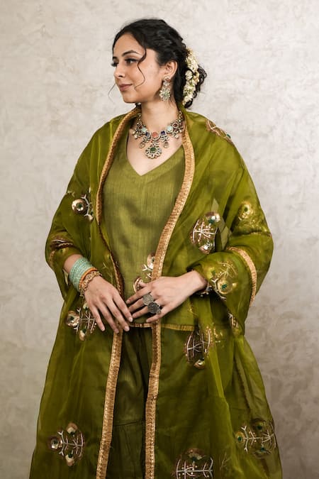Shop Gulabo Jaipur Green Silk Embroidery, Sequins, Mirrors V-neck Mita Hand Top Gharara Set Online at Aza Fashions Shop_Gulabo Jaipur_Green Silk Embroidery, Sequins, Mirrors V-neck Mita Hand Top Gharara Set _Online_at_Aza_Fashions