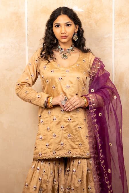 Gulabo Jaipur Gold Silk Embroidery, Sequins Round Neck Gifa Handwork Kurta Sharara Set Online at Aza Fashions Gulabo Jaipur_Gold Silk Embroidery, Sequins Round Neck Gifa Handwork Kurta Sharara Set _Online_at_Aza_Fashions