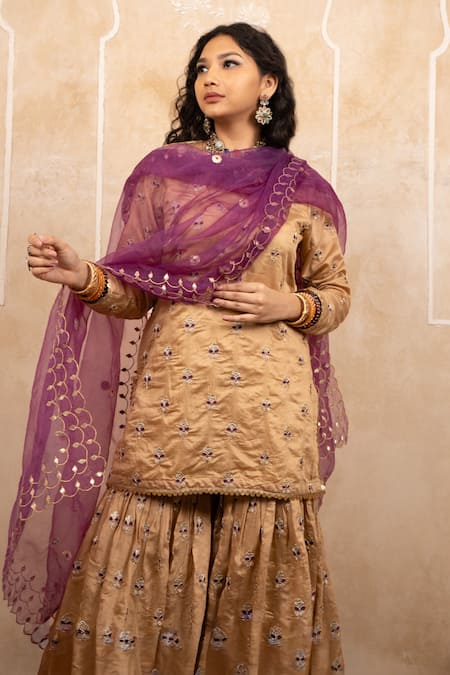 Buy Gulabo Jaipur Gold Silk Embroidery, Sequins Round Neck Gifa Handwork Kurta Sharara Set Online at Aza Fashions Buy_Gulabo Jaipur_Gold Silk Embroidery, Sequins Round Neck Gifa Handwork Kurta Sharara Set _Online_at_Aza_Fashions