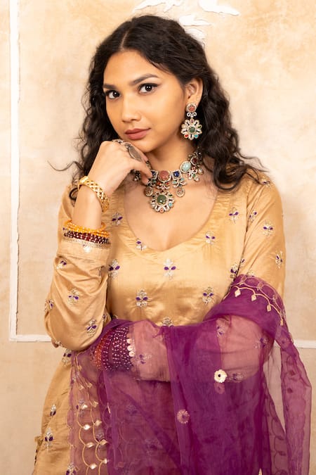 Shop Gulabo Jaipur Gold Silk Embroidery, Sequins Round Neck Gifa Handwork Kurta Sharara Set Online at Aza Fashions Shop_Gulabo Jaipur_Gold Silk Embroidery, Sequins Round Neck Gifa Handwork Kurta Sharara Set _Online_at_Aza_Fashions
