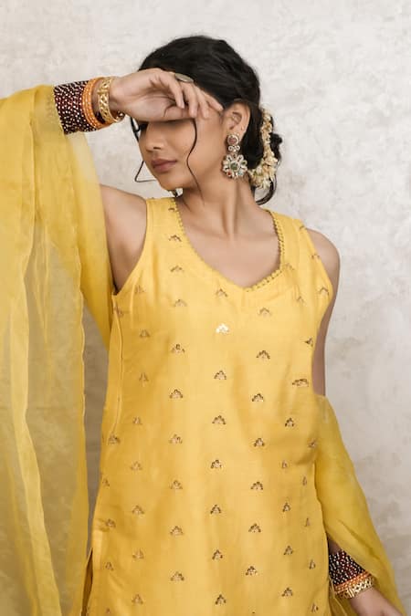 Shop Gulabo Jaipur Yellow Silk Embroidery V-neck Noya Handwork Motif Kurta Set Online at Aza Fashions Shop_Gulabo Jaipur_Yellow Silk Embroidery V-neck Noya Handwork Motif Kurta Set _Online_at_Aza_Fashions