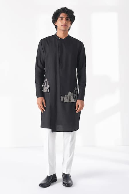 Shop_Dhruv Vaish_Black Silk, Cotton Embroidery Thread Border Kurta Set _Online_at_Aza_Fashions