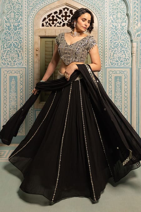 Buy Sajeda A Lehry Black Georgette Mirrors V-neck Hand Embroidered Lehenga Set Online at Aza Fashions Buy_Sajeda A Lehry_Black Georgette Mirrors V-neck Hand Embroidered Lehenga Set _Online_at_Aza_Fashions