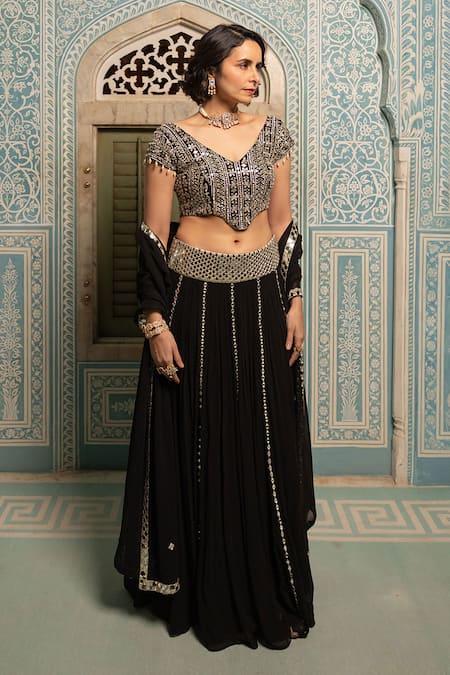 Shop Sajeda A Lehry Black Georgette Mirrors V-neck Hand Embroidered Lehenga Set Shop_Sajeda A Lehry_Black Georgette Mirrors V-neck Hand Embroidered Lehenga Set