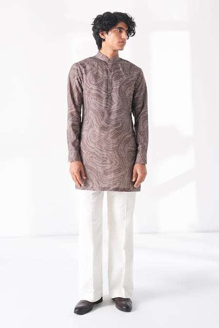 Shop Dhruv Vaish Brown Silk Geometric Print Short Kurta Online at Aza Fashions Shop_Dhruv Vaish_Brown Silk Geometric Print Short Kurta _Online_at_Aza_Fashions
