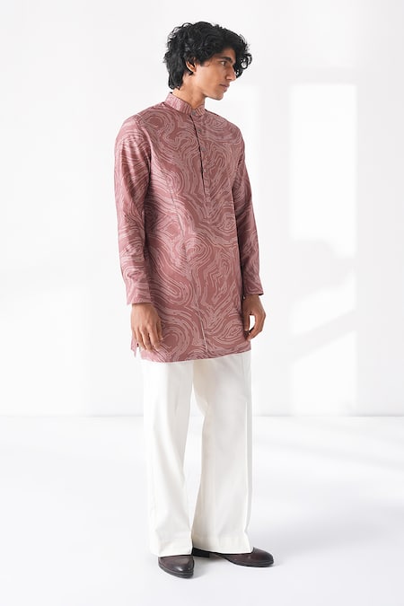 Shop Dhruv Vaish Pink Silk Swirl Printed Short Kurta Online at Aza Fashions Shop_Dhruv Vaish_Pink Silk Swirl Printed Short Kurta _Online_at_Aza_Fashions