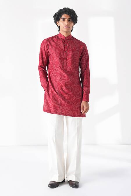 Shop_Dhruv Vaish_Red Silk Printed Short Kurta _Online_at_Aza_Fashions