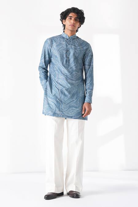 Shop_Dhruv Vaish_Blue Silk Printed Short Kurta _Online_at_Aza_Fashions