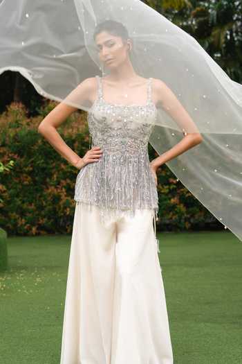 Dilnaz_Cream Net, Polyester, Satin, Chiffon Embroidery, Jewel Kurta Gharara Set _at_Aza_Fashions