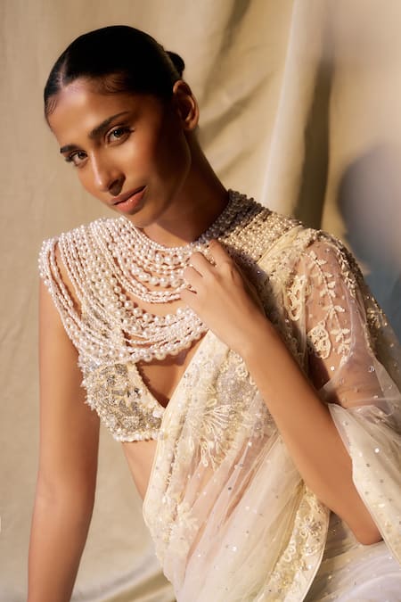 Buy Dilnaz Ivory Net, Polyester, Satin Beads, Crystals, Stones Hand Embroidered V Blouse Buy_Dilnaz_Ivory Net, Polyester, Satin Beads, Crystals, Stones Hand Embroidered V Blouse