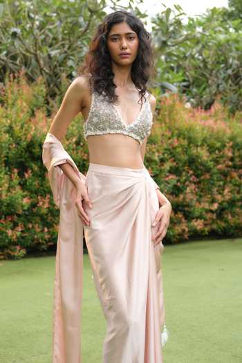 Shop_Dilnaz_Beige Net, Satin, Polyester Stones, Beads, Embellished Blouse And Skirt Set _Online_at_Aza_Fashions
