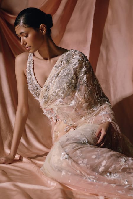 Buy_Dilnaz_Ivory Net, Polyester, Satin Beads, Pearls, Sequins V-neck Border Blouse _Online_at_Aza_Fashions