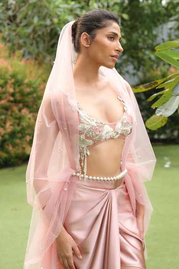 Buy_Dilnaz_Pink Polyester, Satin, Net Embroidery, Cut Floral Blouse And Draped Skirt Set _Online_at_Aza_Fashions