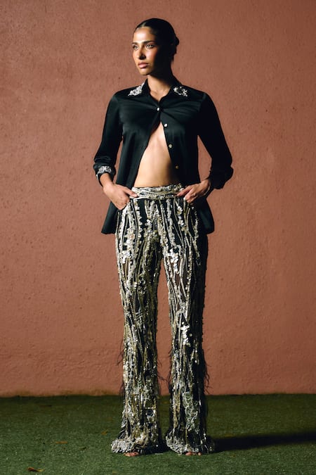 Dilnaz Heavy Disco Acrylic Feather Fringed Trouser 