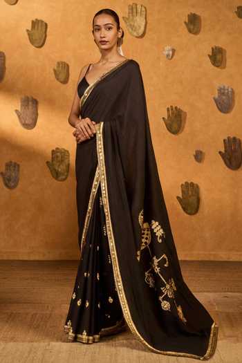 Shop_Masaba_Black Silk Sequins, Foil Wishdrop Gota Saree With Unstitched Blouse Piece _Online_at_Aza_Fashions