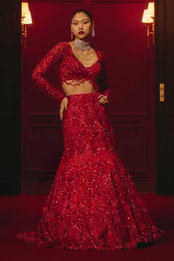 ANGAD SINGH Red Net Embroidery, Sequins, Tassels Sweetheart Imperial Bloodline Lehenga Set Online at Aza Fashions ANGAD SINGH_Red Net Embroidery, Sequins, Tassels Sweetheart Imperial Bloodline Lehenga Set _Online_at_Aza_Fashions