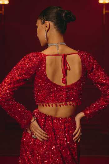 Shop ANGAD SINGH Red Net Embroidery, Sequins, Tassels Sweetheart Imperial Bloodline Lehenga Set Online at Aza Fashions Shop_ANGAD SINGH_Red Net Embroidery, Sequins, Tassels Sweetheart Imperial Bloodline Lehenga Set _Online_at_Aza_Fashions