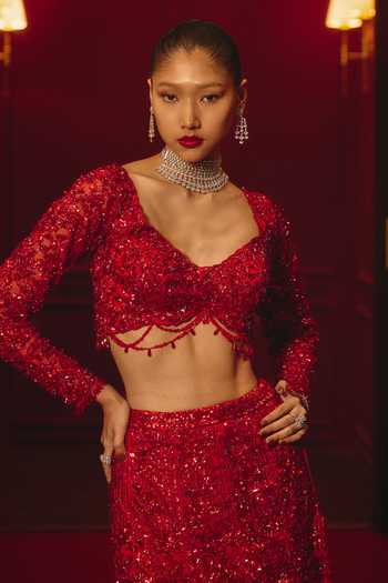 ANGAD SINGH Red Net Embroidery, Sequins, Tassels Sweetheart Imperial Bloodline Lehenga Set at Aza Fashions ANGAD SINGH_Red Net Embroidery, Sequins, Tassels Sweetheart Imperial Bloodline Lehenga Set _at_Aza_Fashions