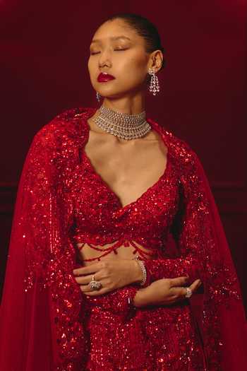 Buy ANGAD SINGH Red Net Embroidery, Sequins, Tassels Sweetheart Imperial Bloodline Lehenga Set Buy_ANGAD SINGH_Red Net Embroidery, Sequins, Tassels Sweetheart Imperial Bloodline Lehenga Set