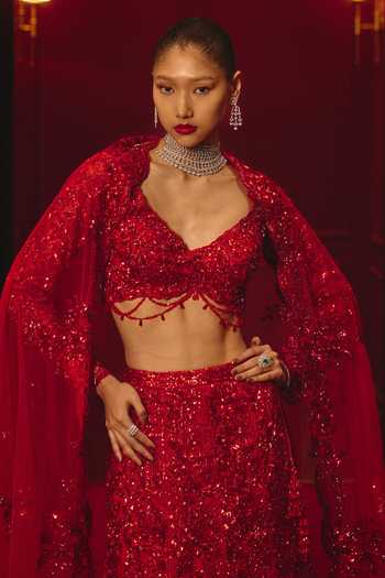Shop ANGAD SINGH Red Net Embroidery, Sequins, Tassels Sweetheart Imperial Bloodline Lehenga Set Shop_ANGAD SINGH_Red Net Embroidery, Sequins, Tassels Sweetheart Imperial Bloodline Lehenga Set