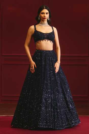 ANGAD SINGH_Blue Net Sequins, Tassels Scoop Neck Celestial Regency Embellished Lehenga Set _Online_at_Aza_Fashions