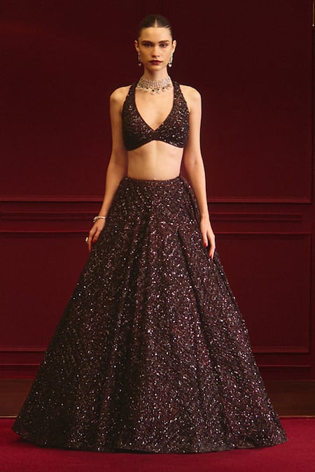 Buy_Angad Singh_Burgundy Net Sequins, Tassels Plunge Neck Embellished Lehenga Set _Online_at_Aza_Fashions