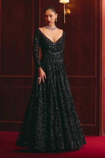 ANGAD SINGH_Black Net Sequins Sweetheart Neck The Onyx Verdict Embroidered Gown _Online_at_Aza_Fashions