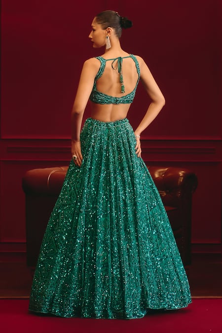 Angad Singh Teal Dominion Net Lehenga Set