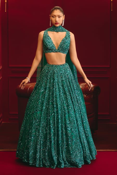 Angad Singh Teal Dominion Net Lehenga Set