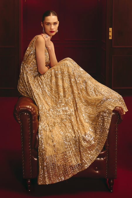 Buy_Angad Singh_Gold Net Embroidery, Sequins V-neck Aurum Ascendant Gown _Online_at_Aza_Fashions
