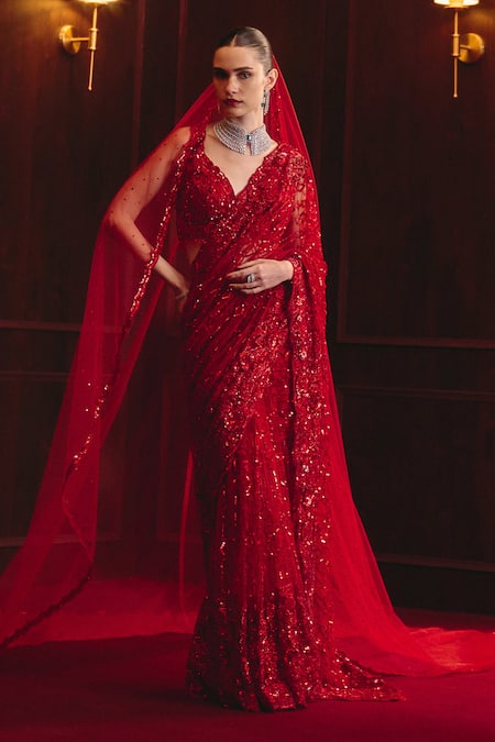 Angad Singh The Sovereign Flame Embroidered Saree Set 