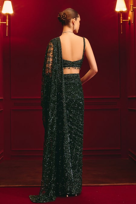 Angad Singh Emerald Heirloom Embroidered Saree Set 