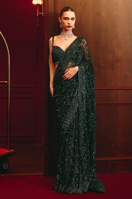 Angad Singh Emerald Heirloom Embroidered Saree Set 