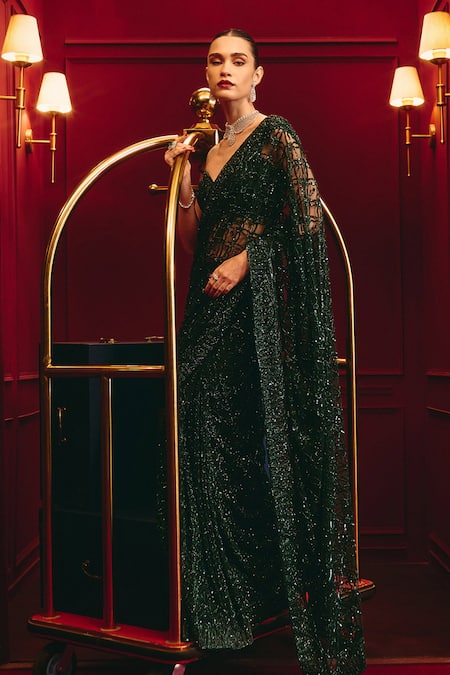 Shop_Angad Singh_Green Net Embroidery Sweetheart Neck Emerald Heirloom Saree Set _Online_at_Aza_Fashions