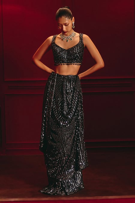 Angad Singh_Black Net Sequins, Tassels V-neck Eclipse Of Power Embroidered Saree Set _Online_at_Aza_Fashions