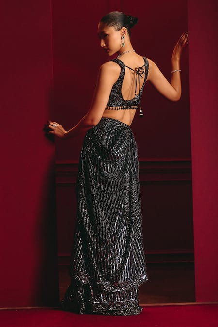 Buy_Angad Singh_Black Net Sequins, Tassels V-neck Eclipse Of Power Embroidered Saree Set _Online_at_Aza_Fashions