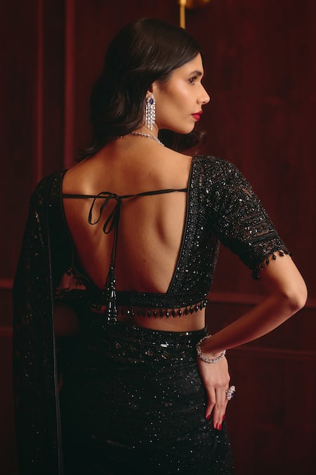 Angad Singh Black Chantilly Sequins Square Neck Embroidered Saree With Blouse Online at Aza Fashions Angad Singh_Black Chantilly Sequins Square Neck Embroidered Saree With Blouse _Online_at_Aza_Fashions