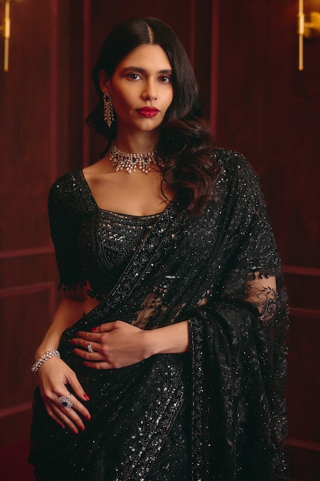 Buy Angad Singh Black Chantilly Sequins Square Neck Embroidered Saree With Blouse Online at Aza Fashions Buy_Angad Singh_Black Chantilly Sequins Square Neck Embroidered Saree With Blouse _Online_at_Aza_Fashions